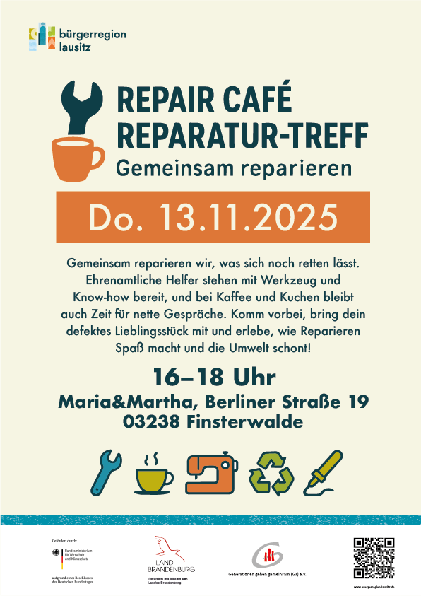 Flyer Repair Café Finsterwalde am 13.11.2025 im Maria & Martha, Berliner Straße 19, 03238 Finsterwalde